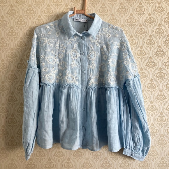 Zara Tops - ZARA Sky Blue Gathered Embroidery Top